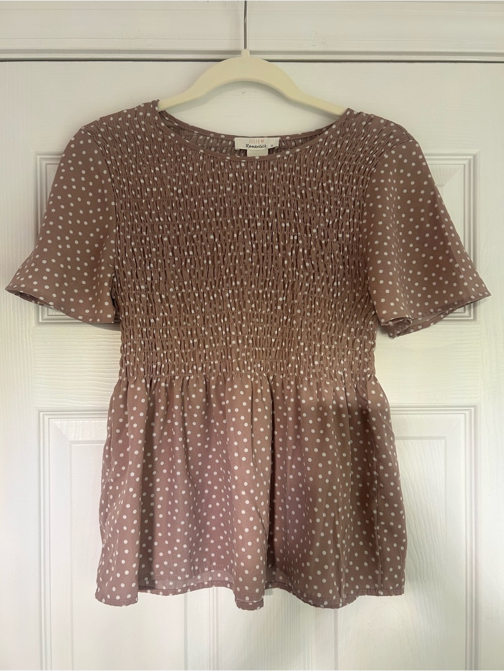 URBAN Romantics Mauve Polka Dot Smocked Peplum Top small